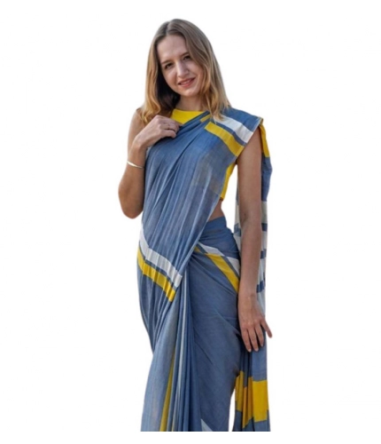 Women's Linen Printed Saree With Unstitched Blouse 5.5Mtr (Blue)