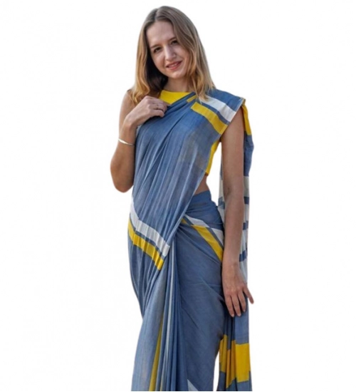 Women's Linen Printed Saree With Unstitched Blouse 5.5Mtr (Blue)