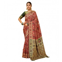 Women's Silk Blend Woven Paithani Saree With Unstitched Blouse 5.5Mtr (Red)