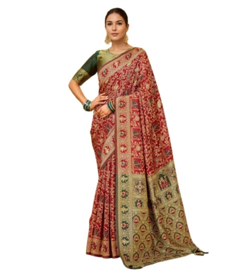 Women's Silk Blend Woven Paithani Saree With Unstitched Blouse 5.5Mtr (Red)