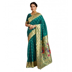 Women's Silk Blend Zari Weaving Saree With Unstitched Blouse 5.5Mtr (Rama)