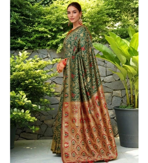 Women's Silk Blend Woven Paithani Saree With Unstitched Blouse 5.5Mtr (Green)