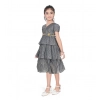 Girl's Artificial Silk Striped Short Sleeve V Neck Dress (Grey)