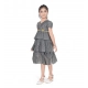 Girl's Artificial Silk Striped Short Sleeve V Neck Dress (Grey)