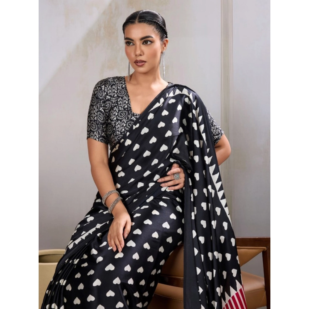 Women's Satin Crepe Printed Saree With Unstitched Blouse 5.5Mtr (Black)