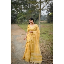Women's Silk_Blend Checked Saree With Unstitched Blouse 5.5Mtr (Yellow)