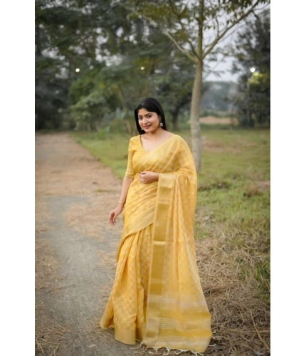 Women's Silk_Blend Checked Saree With Unstitched Blouse 5.5Mtr (Yellow)