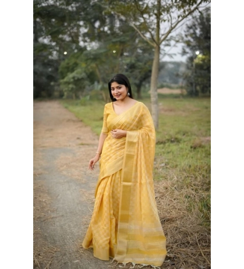 Women's Silk_Blend Checked Saree With Unstitched Blouse 5.5Mtr (Yellow)