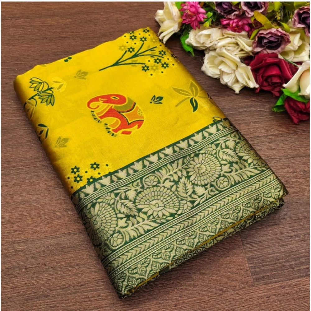 Dropship Women's Soft Litchi Silk Jacquard Work Saree With Unstitched Blouse 5.5Mtr (Yellow)