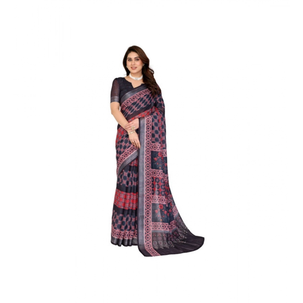Women's Linen Cotton Printed Saree With Unstitched Blouse 5.5Mtr (Black) Women's Linen Cotton Printed Saree With Unstitched Blouse 5.5Mtr (Black)