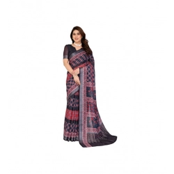Women's Linen Cotton  Printed Saree With Unstitched Blouse 5.5Mtr (Black)