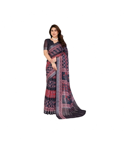 Women's Linen Cotton  Printed Saree With Unstitched Blouse 5.5Mtr (Black)