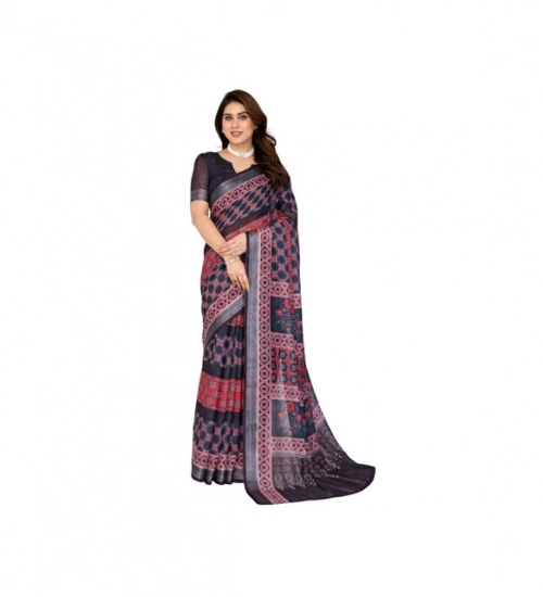 Women's Linen Cotton  Printed Saree With Unstitched Blouse 5.5Mtr (Black)
