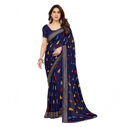 Women's Georgette Printed Saree With Unstitched Blouse 5.5Mtr (Navy Blue)