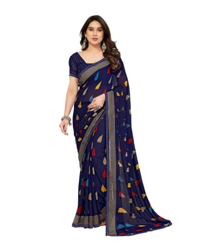 Women's Georgette Printed Saree With Unstitched Blouse 5.5Mtr (Navy Blue)