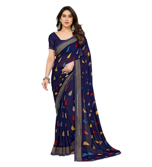 Women's Georgette Printed Saree With Unstitched Blouse 5.5Mtr (Navy Blue)