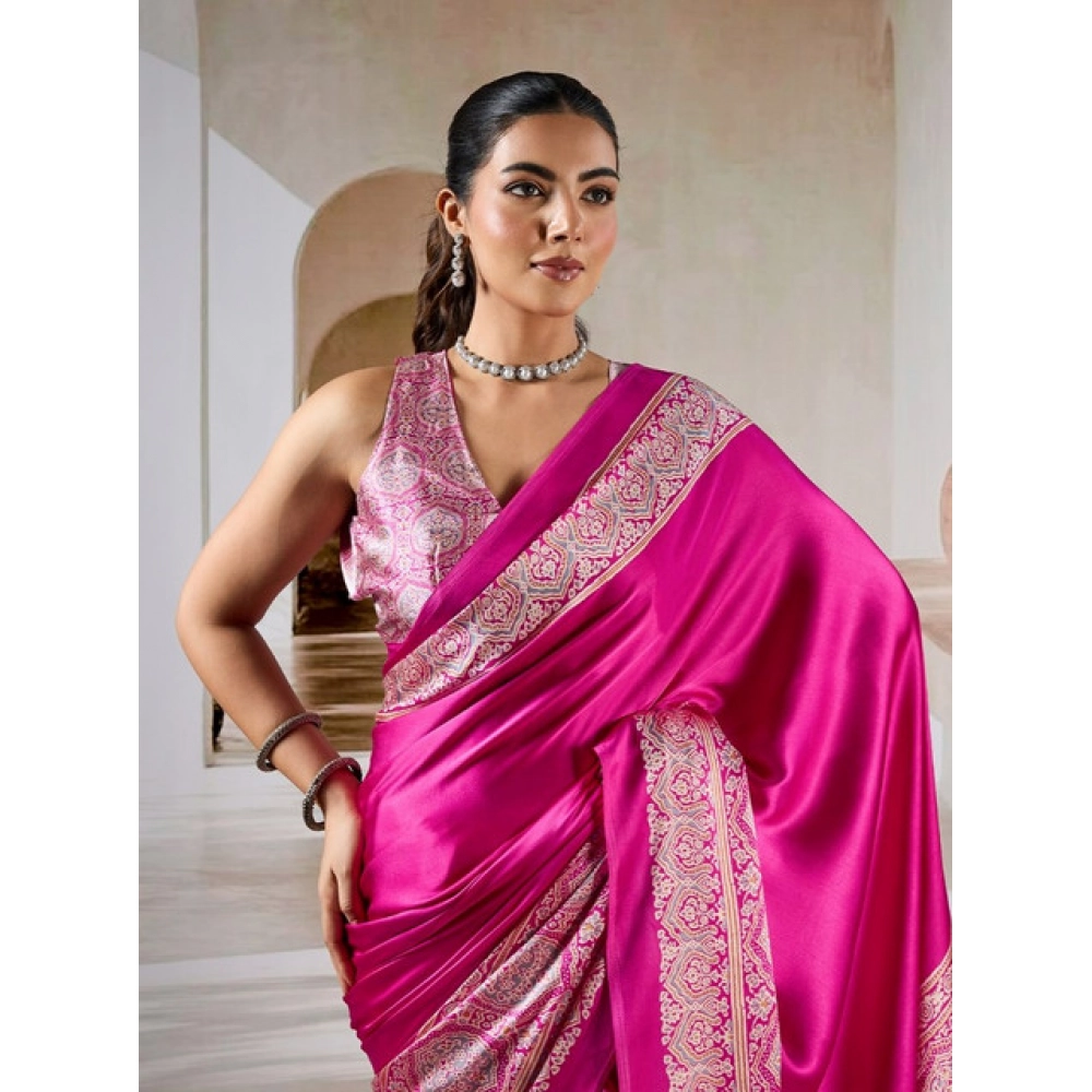 Women's Satin Crepe Printed Saree With Unstitched Blouse 5.5Mtr (Pink)