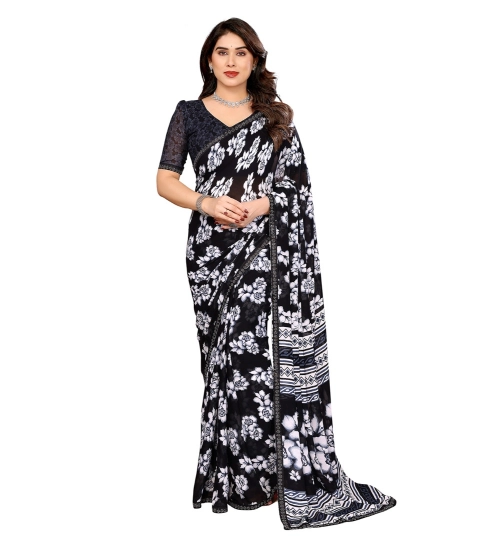 Women's Georgette Printed Saree With Unstitched Blouse 5.5Mtr (Black)