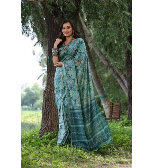 Women's Faux_Tussar_Silk Abstract_Print Saree With Unstitched Blouse 5.5Mtr (Sea_Green)