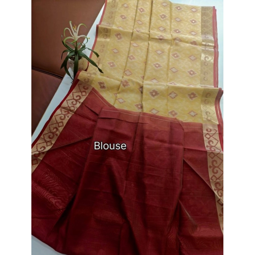 Women's Raw Silk Ikkat Saree With Unstitched Blouse 5.5Mtr (Beige)