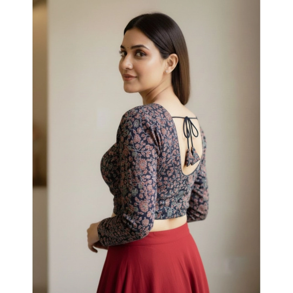 Women's Ajrakh Cotton Printed V-Neck Padded Blouse (Navy 38 Ready (Self Alterable 36–40)