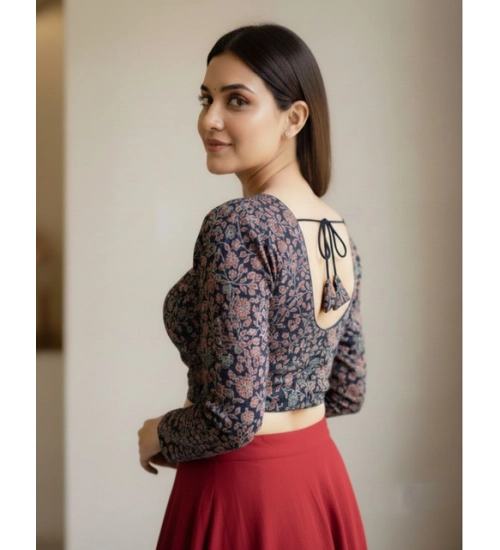 Women's Ajrakh Cotton Printed V-Neck Padded Blouse (Navy 38 Ready (Self Alterable 36–40)