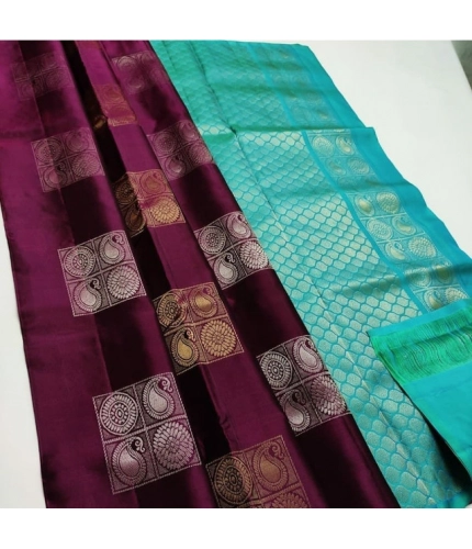 Women's Litchi silk Printed Saree With Unstitched Blouse (Maroon With Turquise Green)