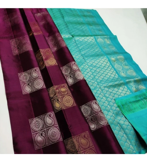 Women's Litchi silk Printed Saree With Unstitched Blouse (Maroon With Turquise Green)