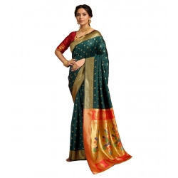 Women's Silk Blend Zari Woven Saree With Unstitched Blouse 5.5Mtr (Dark-Green)