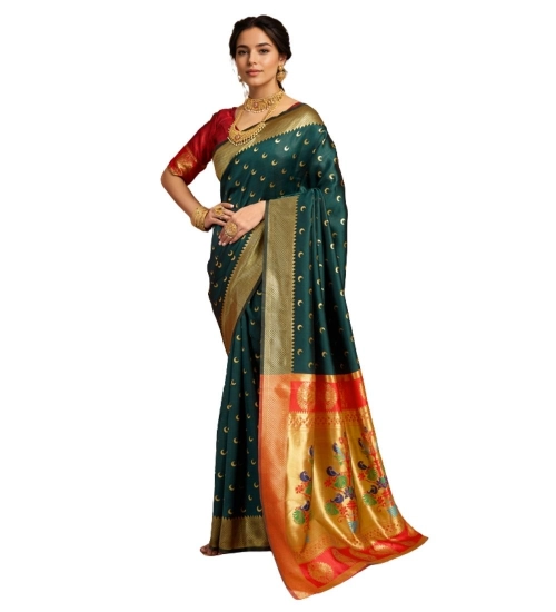 Women's Silk Blend Zari Woven Saree With Unstitched Blouse 5.5Mtr (Dark-Green)