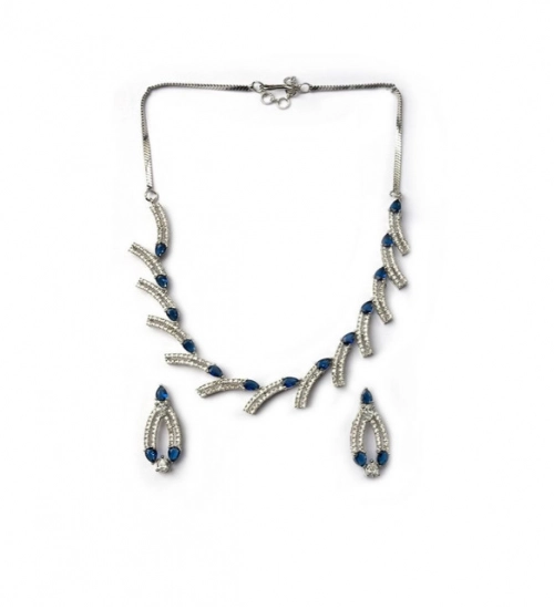 Women's Brass Silver Plated Necklace set (Blue)