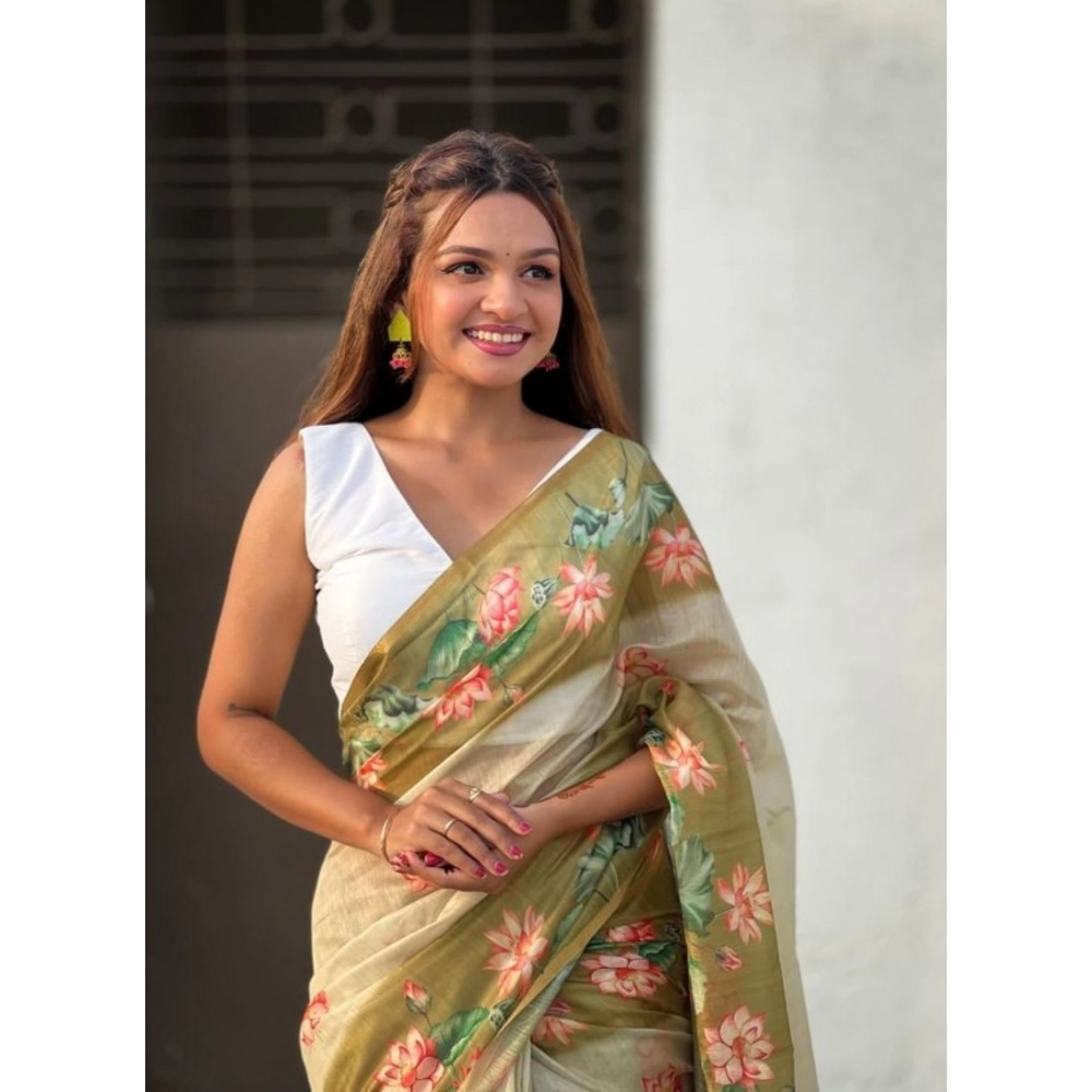 Women's Linen Printed Saree With Unstitched Blouse 5.5Mtr (Mahendi) Women's Linen Printed Saree With Unstitched Blouse 5.5Mtr (Mahendi)