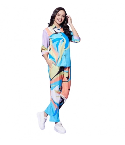 Women's Polyester Colour Blocking 3-4th Sleeve Co-Ord Set (Multicolor)