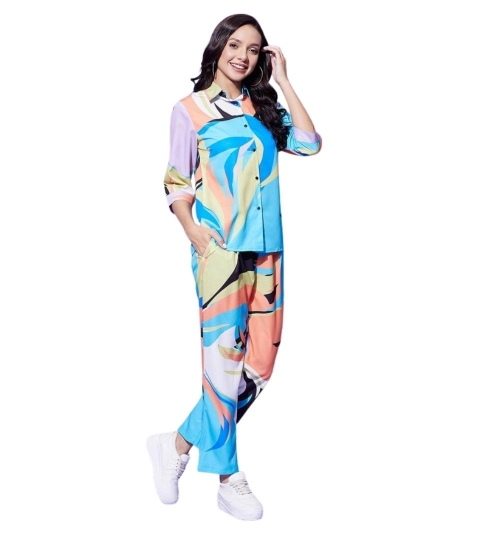 Women's Polyester Colour Blocking 3-4th Sleeve Co-Ord Set (Multicolor)