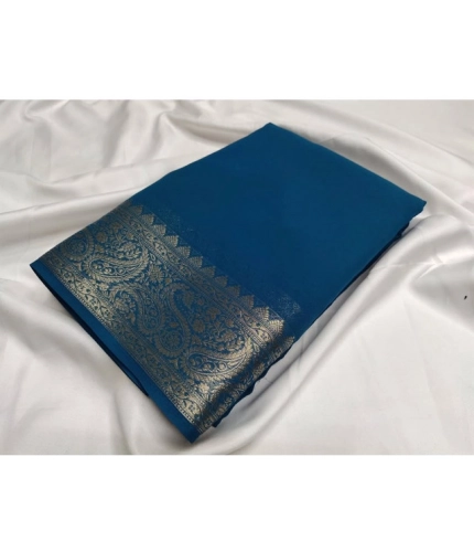 Women's Crepe Chit Pallu Solid Saree With Unstitched Blouse 5.5Mtr (Sea-Green)