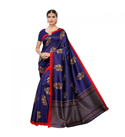 Women's Litchi silk Printed Saree With Unstitched Blouse  5-6 Mtrs (Navy Blue)