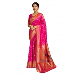 Women's Silk Blend Zari Weaving Saree With Unstitched Blouse 5.5Mtr (Pink)