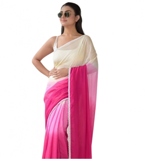 Women's Linen Printed Saree With Unstitched Blouse 5.5Mtr (Pink)