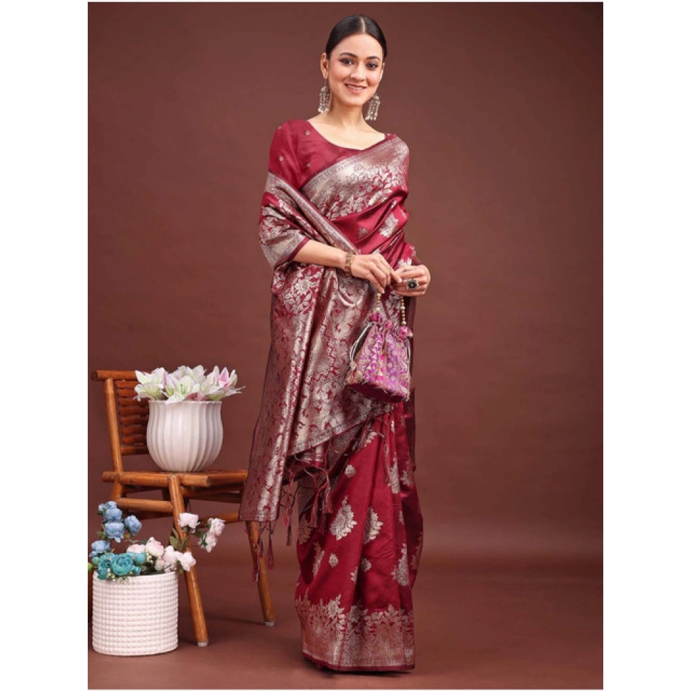 Women's Banarasi Silk Printed Saree With Unstitched Blouse 5.5Mtr (Maroon) Women's Banarasi Silk Printed Saree With Unstitched Blouse 5.5Mtr (Maroon)