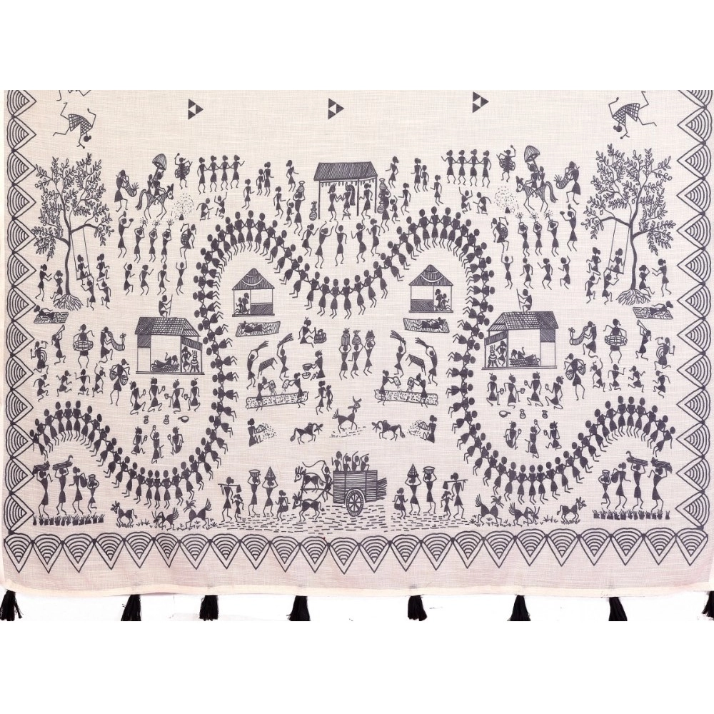 Women's Linen Cotton Printed Saree With Unstitched Blouse 5.5Mtr (Off White)