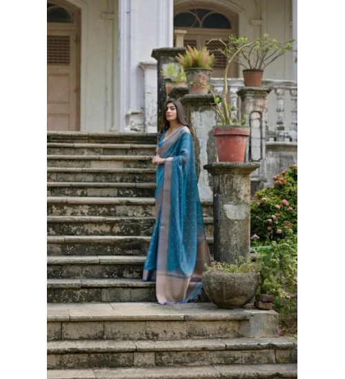 Women's Silk_Blend Butti Pattern Saree With Unstitched Blouse 5.5Mtr (Teal)
