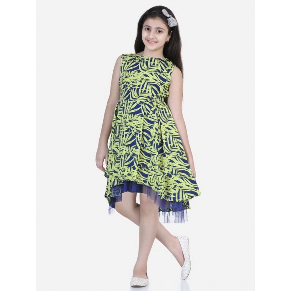 Girl's Polyester Crepe & Net Printed Sleeveless Dress (Yellow-Blue) Girl's Polyester Crepe & Net Printed Sleeveless Dress (Yellow-Blue)