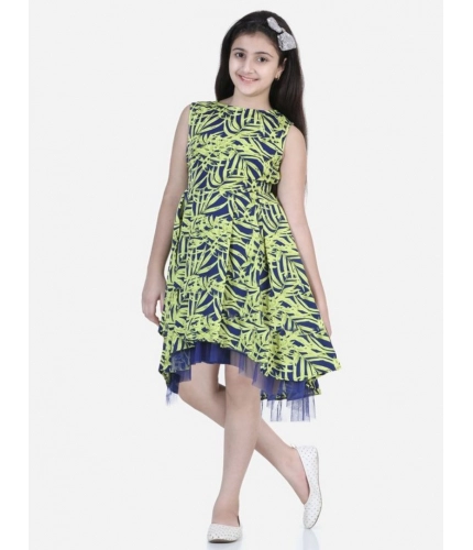 Girl's Polyester Crepe &amp; Net Printed Sleeveless Dress (Yellow-Blue)