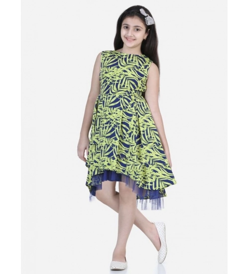 Girl's Polyester Crepe &amp; Net Printed Sleeveless Dress (Yellow-Blue)