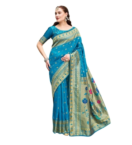 Women's Silk Blend Paithani Weaving Saree With Unstitched Blouse 5.5Mtr (Turquoise)