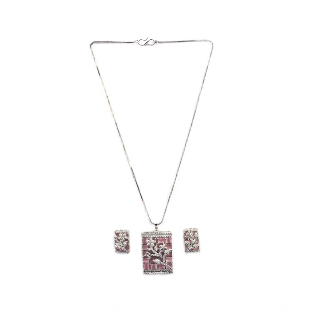 Women's Brass Silver Plated Pendant Set (Pink)