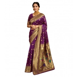 Women's Silk Blend Zari Weaving Saree With Unstitched Blouse 5.5Mtr (Purple)