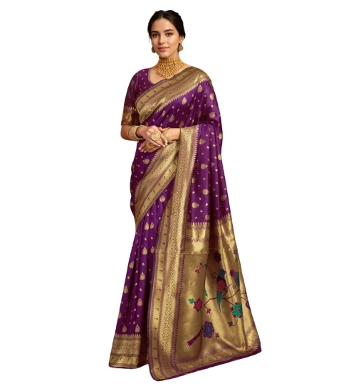 Women's Silk Blend Zari Weaving Saree With Unstitched Blouse 5.5Mtr (Purple)