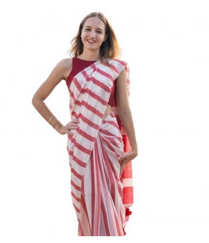 Women's Linen Printed Saree With Unstitched Blouse 5.5Mtr (Red)