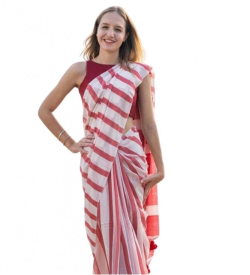 Women's Linen Printed Saree With Unstitched Blouse 5.5Mtr (Red)